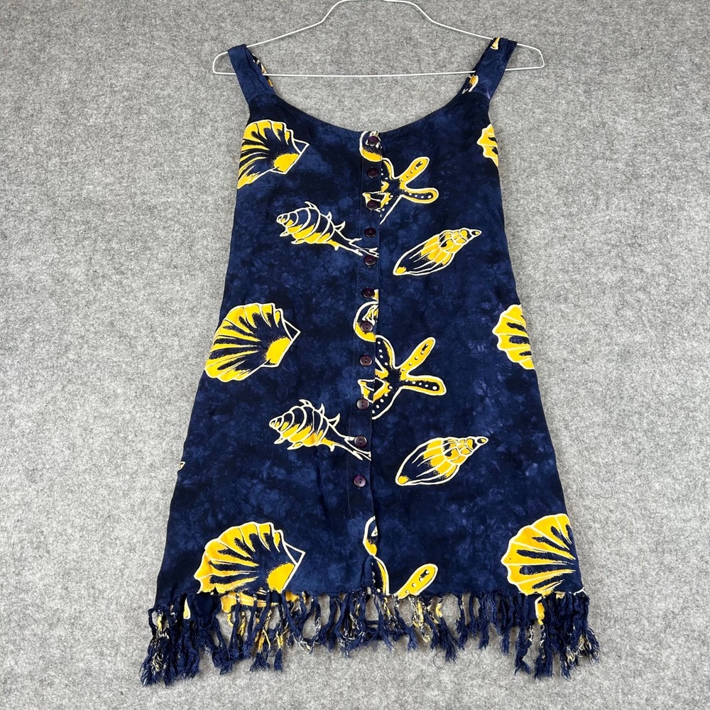 EUC VTG 24 Karat Navy Blue Shell Coastal Beach Batik Fringed Rayon Mini Dress OS